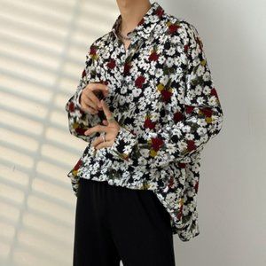 Vintage  long-sleeved shirt men's versatile loose couple flower shirt L
